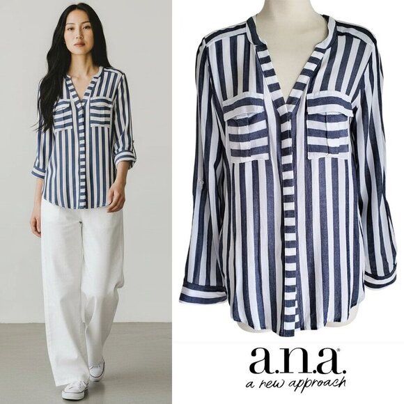 a.n.a  Gray & White Lightweight Long /Roll Tab Sleeve Striped Long line Shirt S - Picture 1 of 16